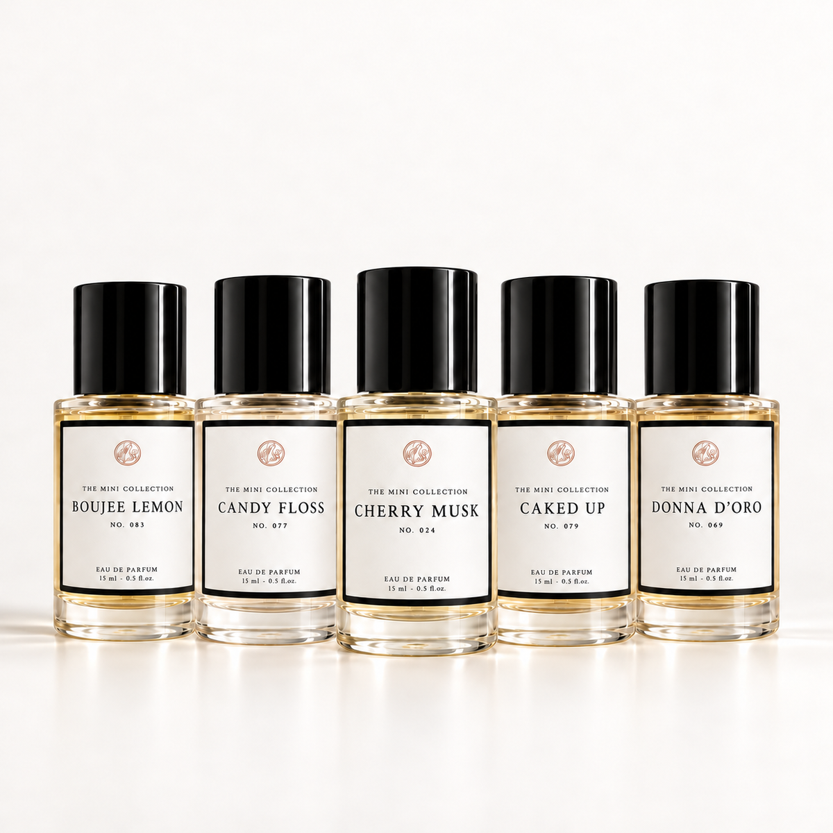 Curiosa 5 × 15 ml valfria minis – bilden visar ett exempelurval av fem valbara dofter