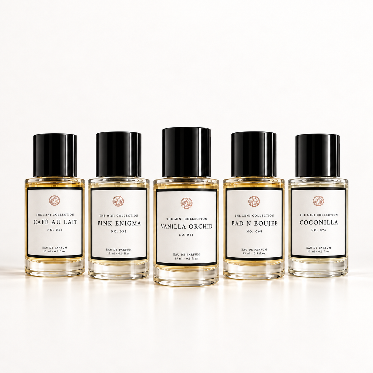 Curiosa Bestseller Kit med fem parfymflaskor på 15 ml: Café Au Lait, Pink Enigma, Vanilla Orchid, Bad N Boujee och Coconilla